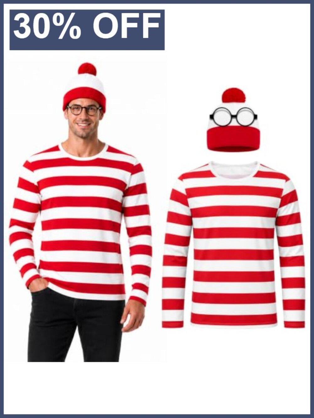 Red White Striped Halloween Costume Shirt Hat Glasses Men's